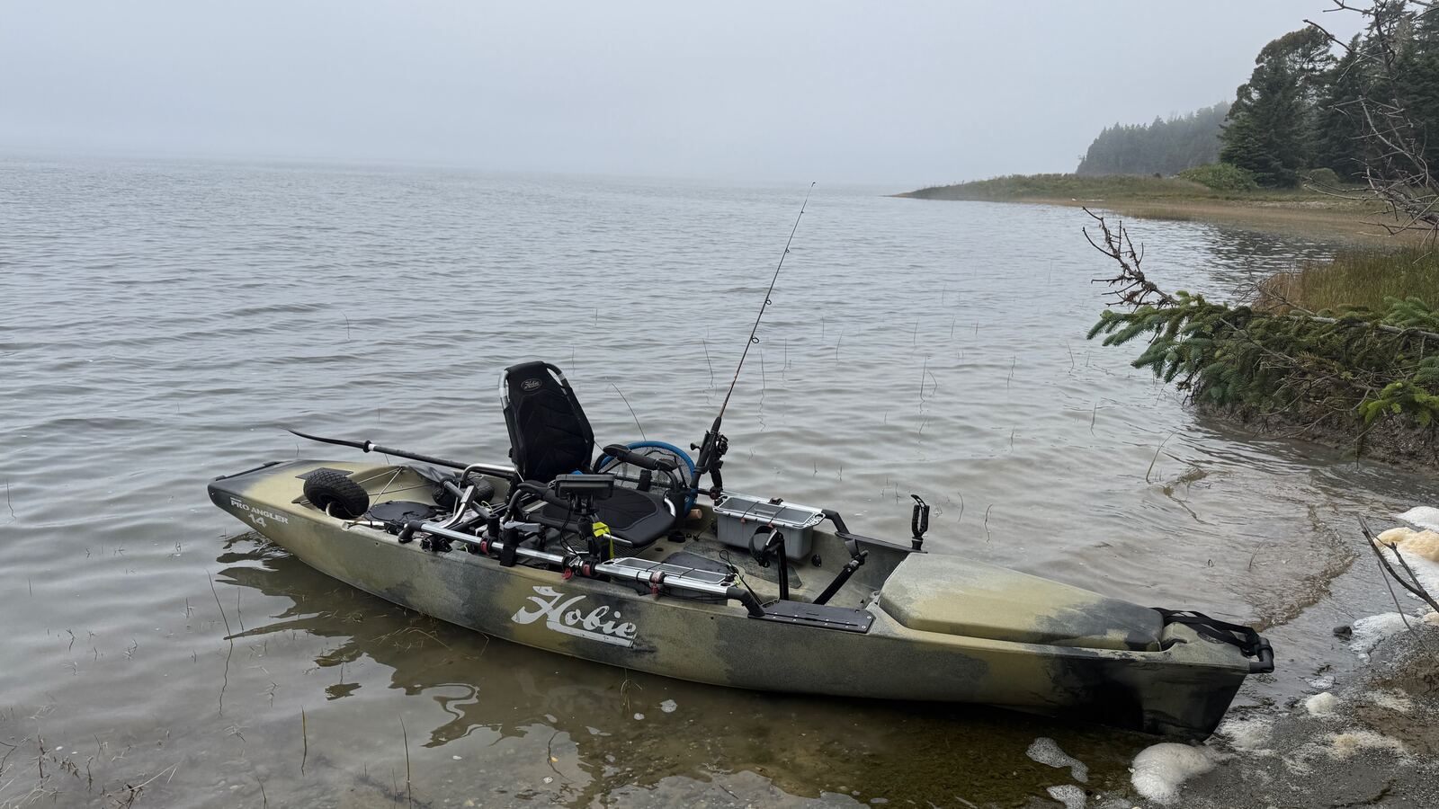 A camouflage Hobie Pro Angler 14 kayak beached at the edge of Big Lagoon on a foggy morning.